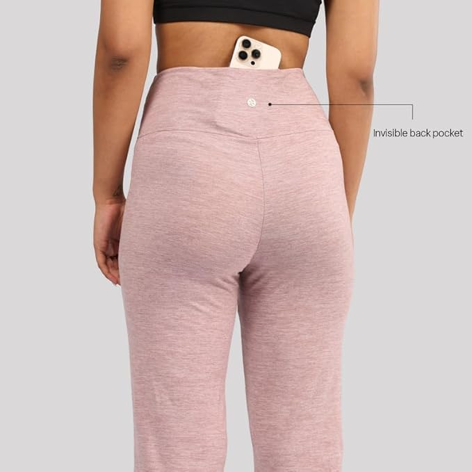 Reference image of dusty pink Blissclub flare pants, showing the back pocket